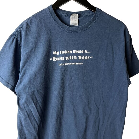 Vintage Y2K My Indian Name Beer Tee T Shirt Blue Large L Statement Humor Graphic - Picture 1 of 14